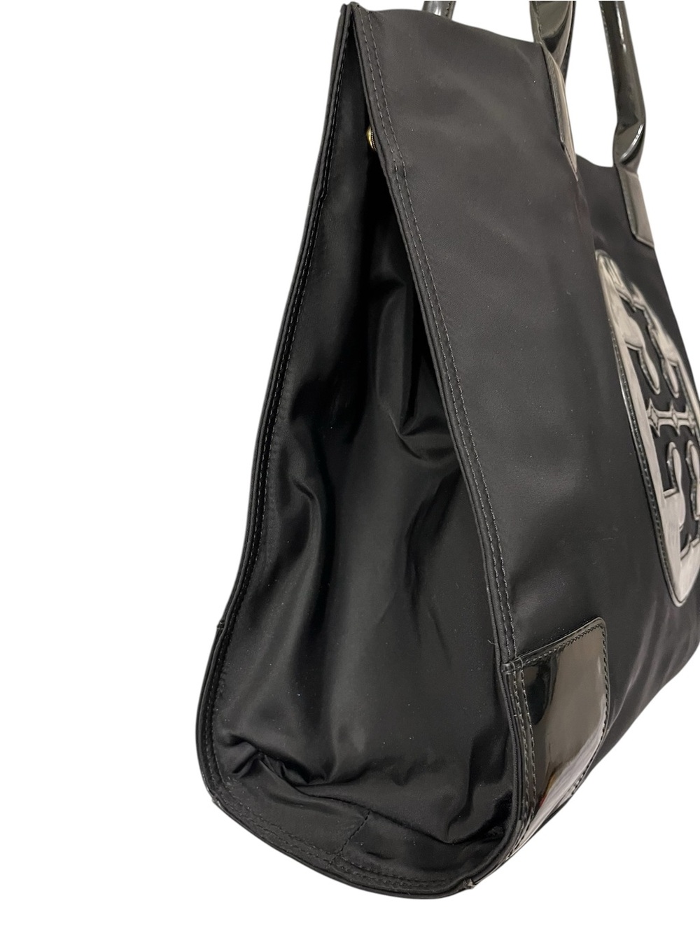 Tory Burch Large Ella Expandable Black Nylon Logo Tote with Patent Leather Trim - Picture 5 of 11